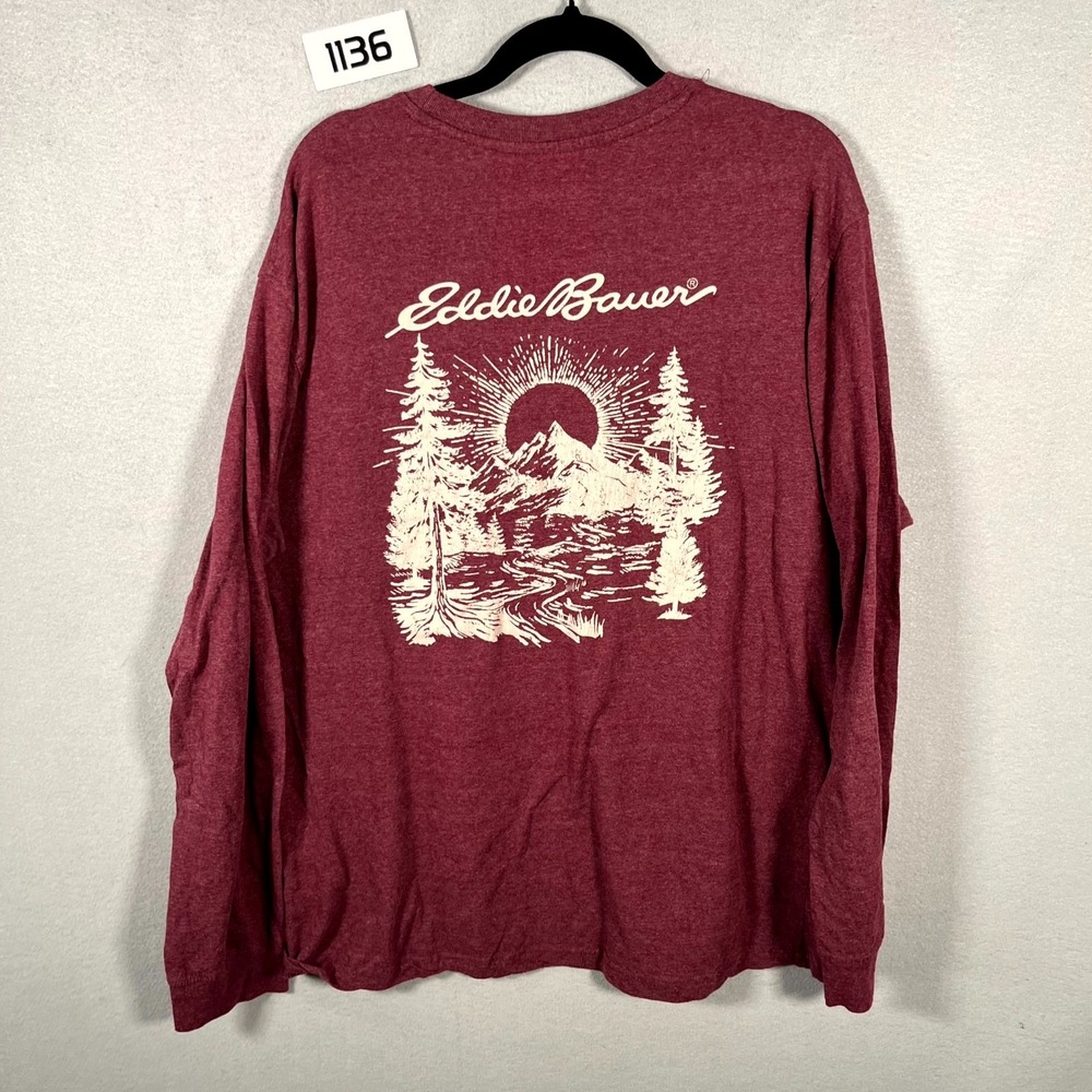 Eddie Bauer Shirt Mens XL Red Graphic Mountain Nature Hike Long Sleeve Pullover
